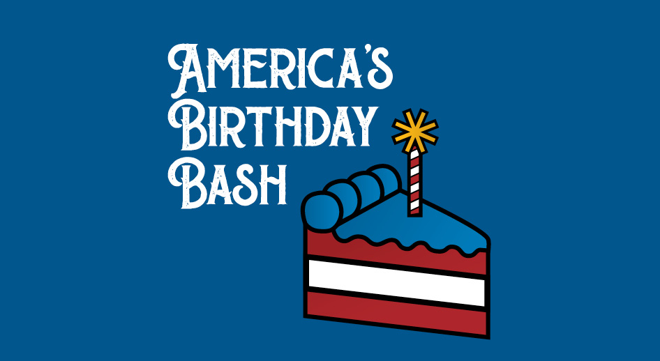 I red and white striped cake with blue icing and a birthday candle sits on a field of blue. Text: America's birthday bash
