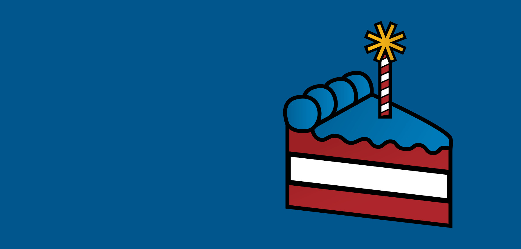 I red and white striped cake with blue icing and a birthday candle sits on a field of blue.