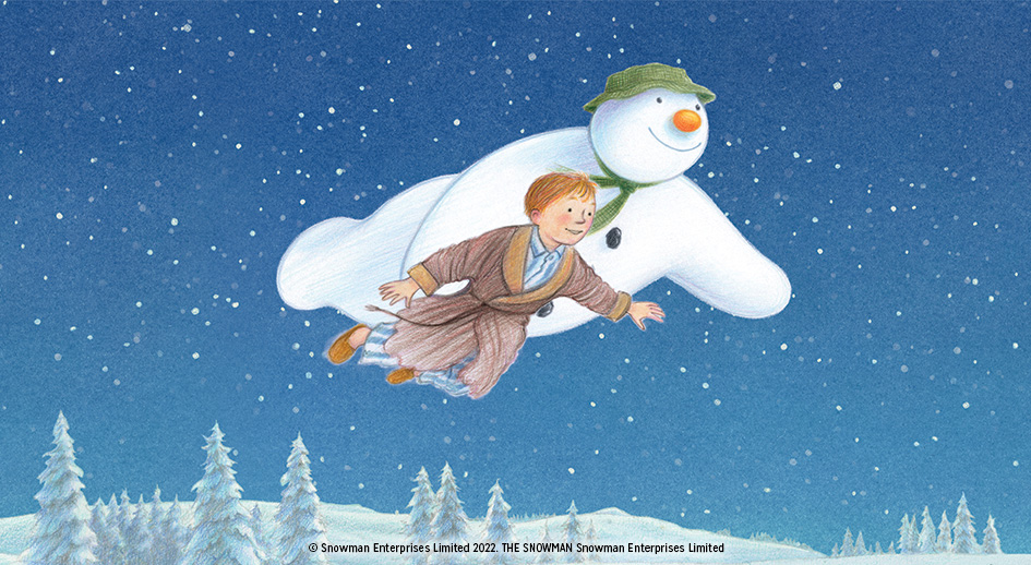 Illustration from The Snowman featuring the boy and his snowman flying through the night sky.