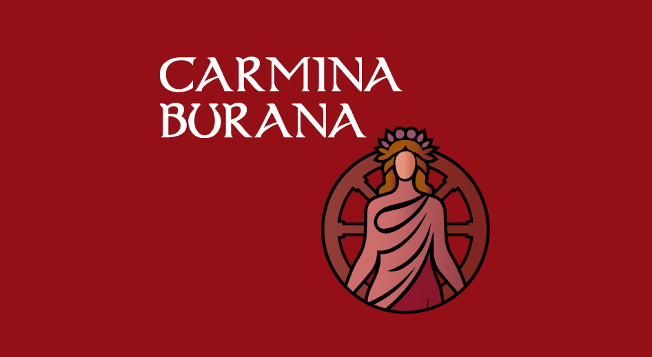 Stylized illustration of a a woman with a laurel crown. Text Carmina Burana