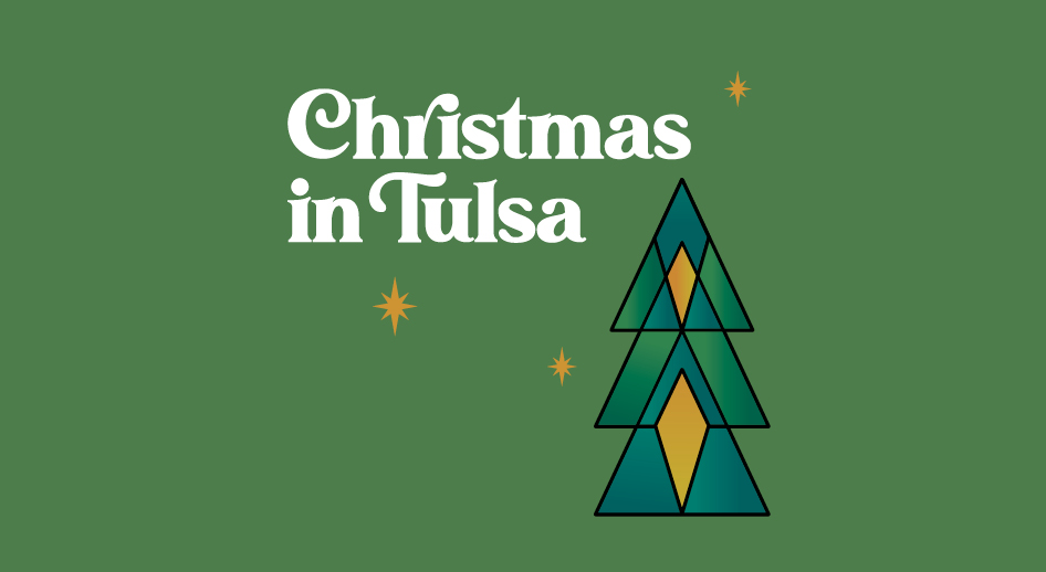 Stylized illustration of a christmas tree. Text: Christmas In Tulsa
